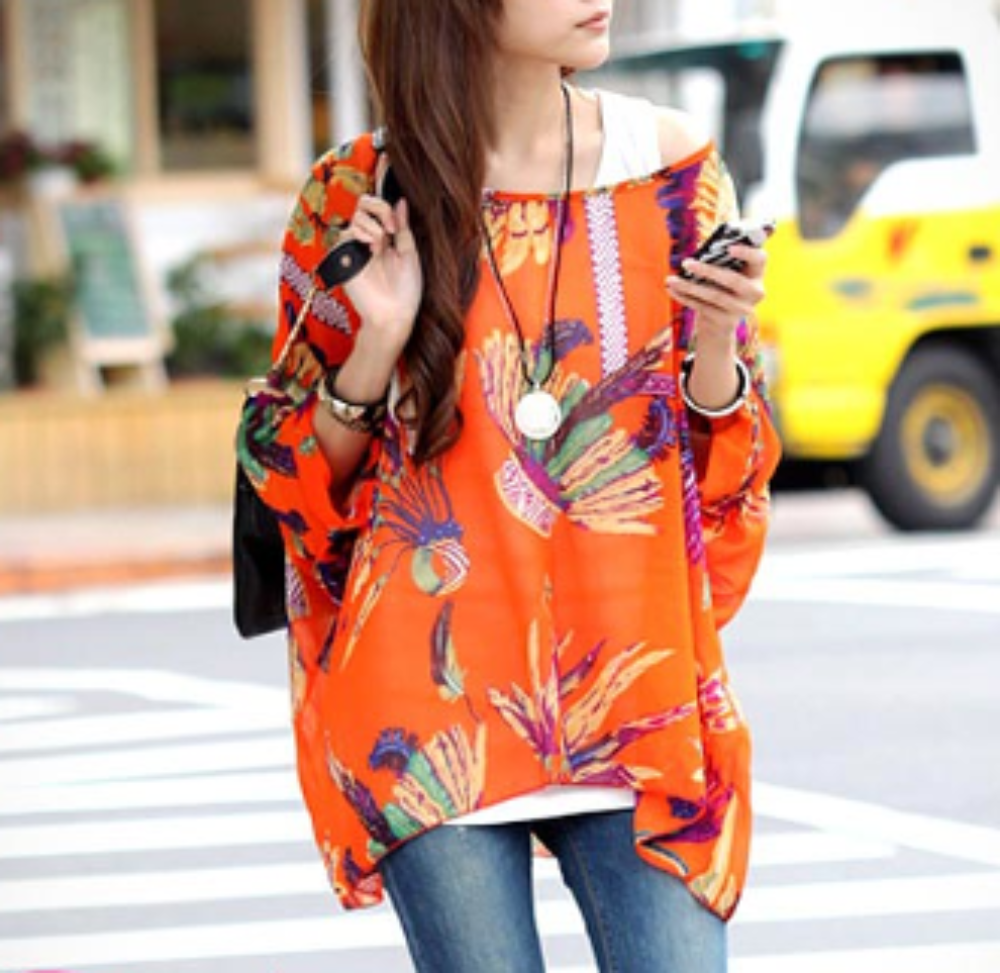 Womens Loose Fit Tropical Print Chiffon Tunic Top