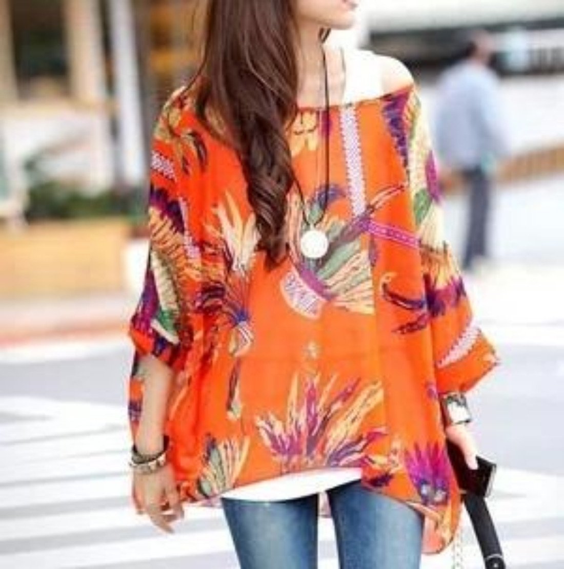 Womens Loose Fit Tropical Print Chiffon Tunic Top