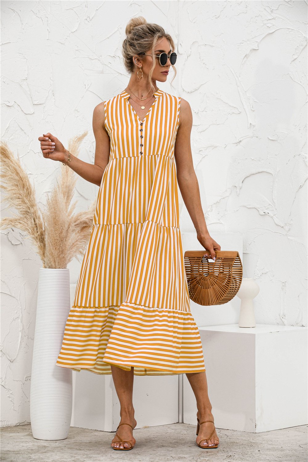 Fashion Casual Striped Patchwork Big Swing Midi Dresses