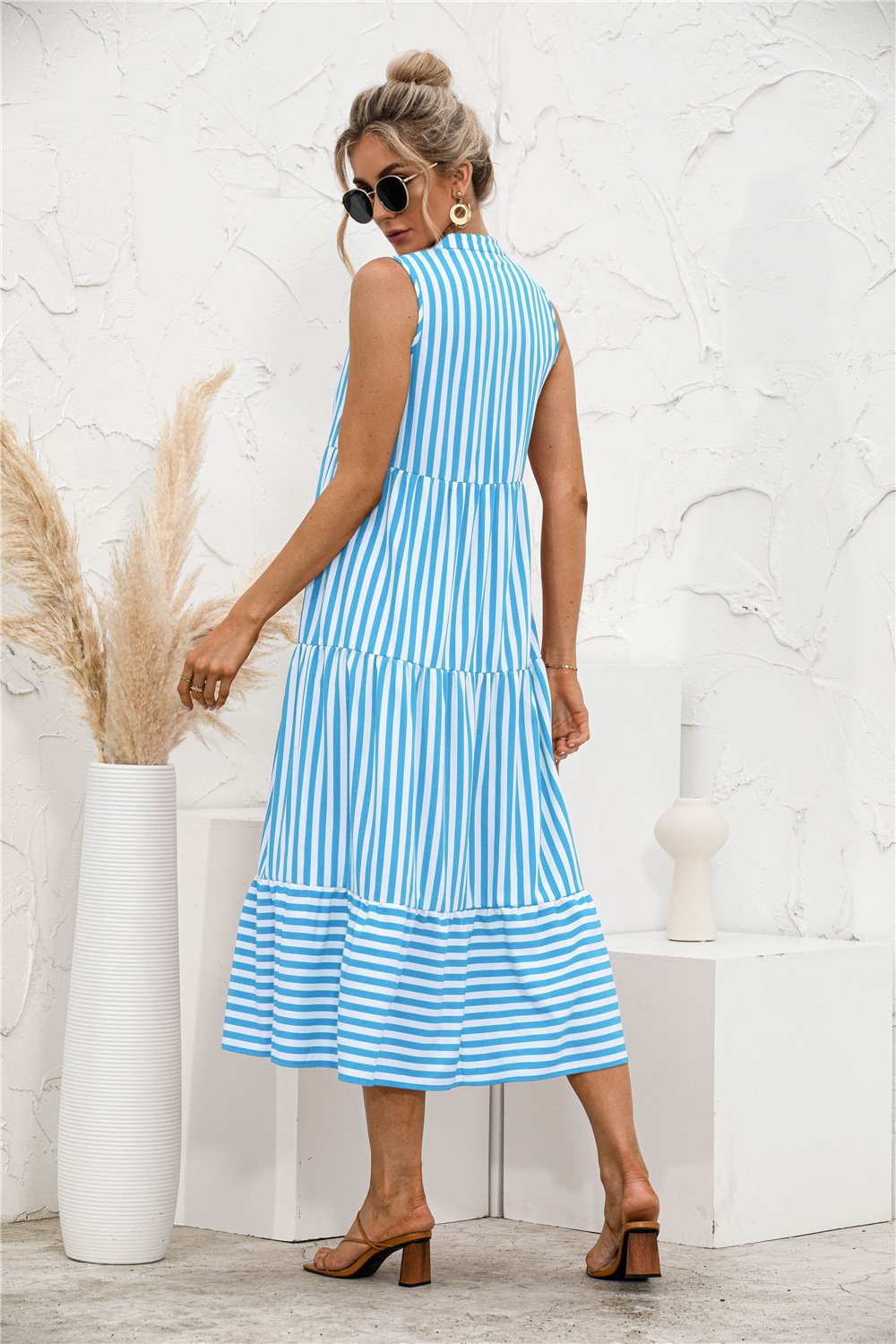 Fashion Casual Striped Patchwork Big Swing Midi Dresses