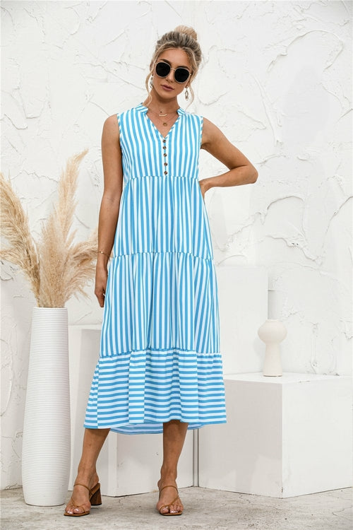 Fashion Casual Striped Patchwork Big Swing Midi Dresses