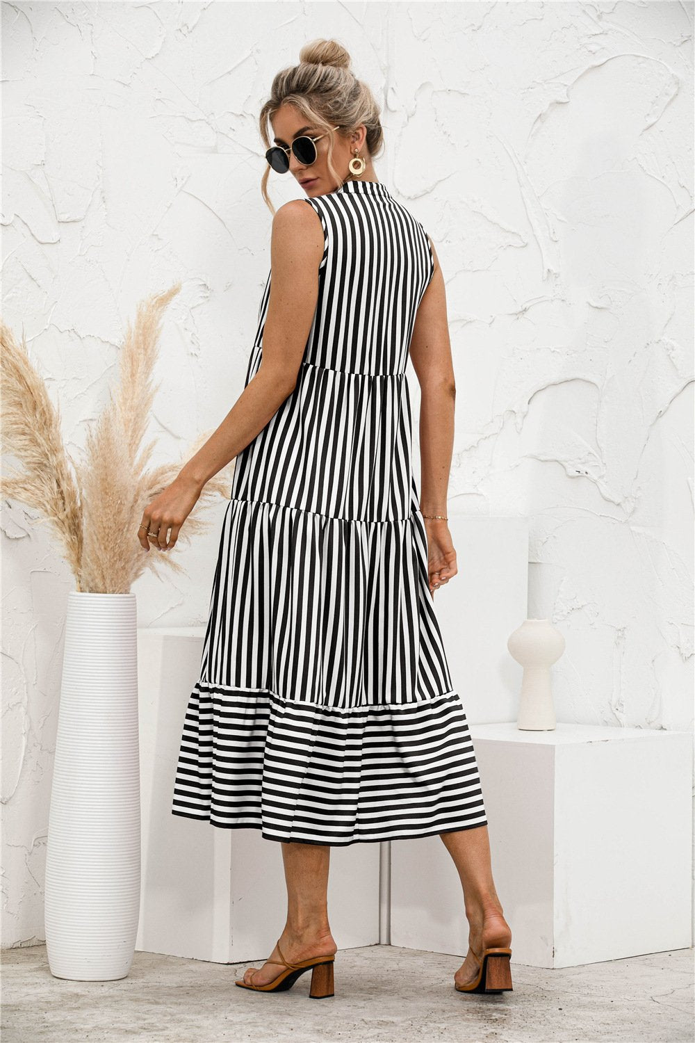 Fashion Casual Striped Patchwork Big Swing Midi Dresses